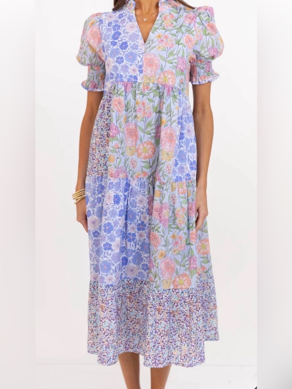 🆕#304~GiGio~Patchwork Floral Midi Dress in Blue, Pink, & Multi, Sm - Picture 2 of 16